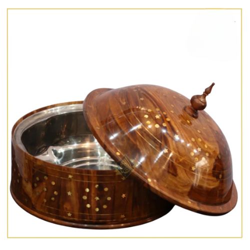 Natural Wooden Hot Pot with Detachable Stainless Steel Insert & Brass Accents | Handcrafted Pakistani Soup & Stew Pot | Hadi Wood Crafts | Perfect for Curries, Roti & More | Includes Lid