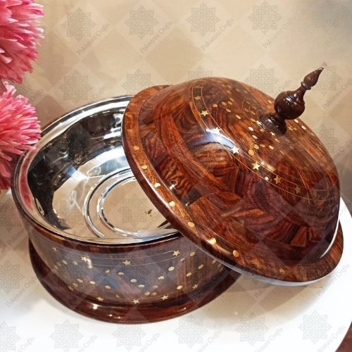 Natural Wooden Hot Pot with Detachable Stainless Steel Insert & Brass Accents | Handcrafted Pakistani Soup & Stew Pot | Hadi Wood Crafts | Perfect for Curries, Roti & More | Includes Lid
