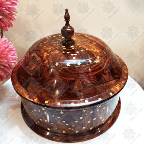 Natural Wooden Hot Pot with Detachable Stainless Steel Insert & Brass Accents | Handcrafted Pakistani Soup & Stew Pot | Hadi Wood Crafts | Perfect for Curries, Roti & More | Includes Lid