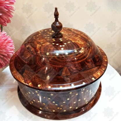 Natural Wooden Hot Pot with Detachable Stainless Steel Insert & Brass Accents | Handcrafted Pakistani Soup & Stew Pot | Hadi Wood Crafts | Perfect for Curries, Roti & More | Includes Lid