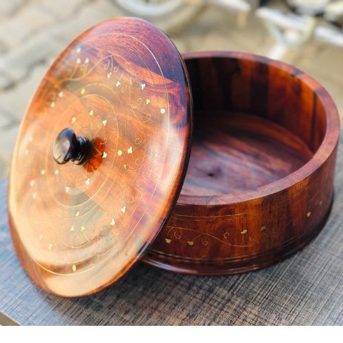 Handmade Wooden Hot Pot with Brass Work, 12-Inch Traditional Kitchen Hotpot | Wooden Bread Container for Kitchen & Dining | Premium Handcrafted Cookware