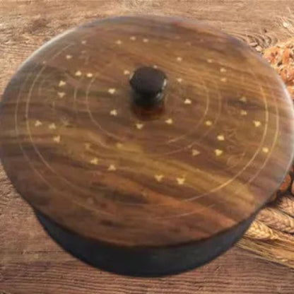 Handmade Wooden Hot Pot with Brass Work, 12-Inch Traditional Kitchen Hotpot | Wooden Bread Container for Kitchen & Dining | Premium Handcrafted Cookware