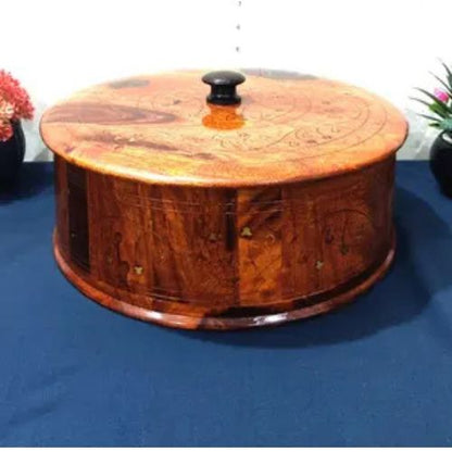 Handmade Wooden Hot Pot with Brass Work, 12-Inch Traditional Kitchen Hotpot | Wooden Bread Container for Kitchen & Dining | Premium Handcrafted Cookware