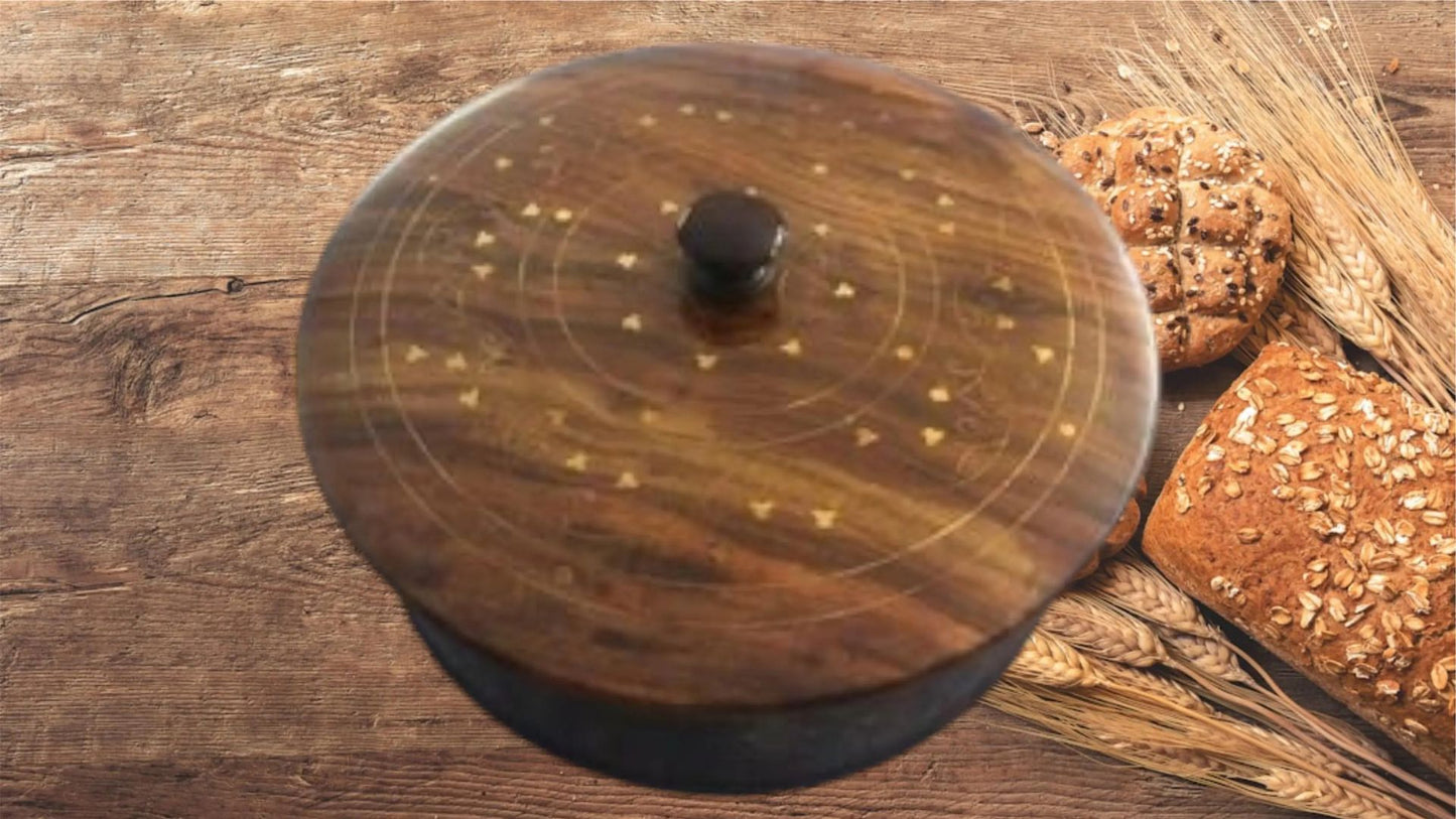 Handmade Wooden Hot Pot with Brass Work, 12-Inch Traditional Kitchen Hotpot | Wooden Bread Container for Kitchen & Dining | Premium Handcrafted Cookware