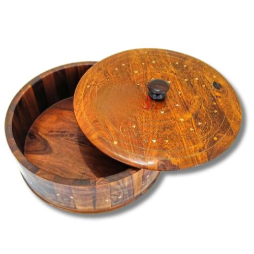 Handmade Wooden Hot Pot with Brass Work, 12-Inch Traditional Kitchen Hotpot | Wooden Bread Container for Kitchen & Dining | Premium Handcrafted Cookware