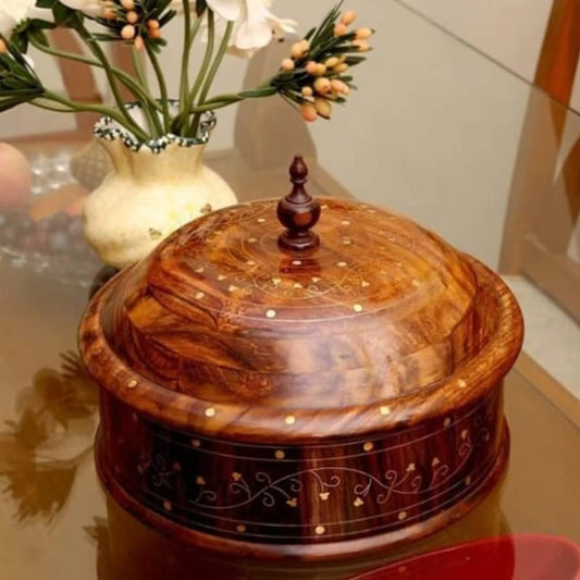 Natural Wooden Hot Pot with Detachable Stainless Steel Insert & Brass Accents | Handcrafted Pakistani Soup & Stew Pot | Hadi Wood Crafts | Perfect for Curries, Roti & More | Includes Lid